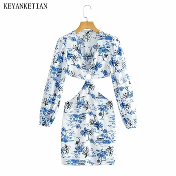 KEYANKETIAN /Есен ново женствена рокля с отворен талия и принтом листа, Луксозно дизайнерско рокля в ретро стил, приталенное мини-рокля с цип дълъг ръкав
