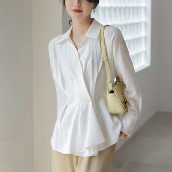 Дамски Блузи, Однотонная Бяла Блуза, Офис риза, Blusas Mujer De Moda 2023, Дрехи с дълъг ръкав
