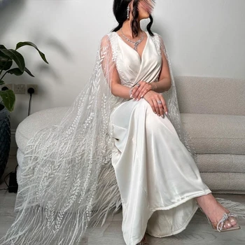 2023 Бели Рокли за абитуриентски бал в стил Русалка С Дълбоко V-образно деколте, Атласное вечерна рокля с завързана ръкав, Лесно Доловими-Секси вечерна рокля от Саудитска Арабия