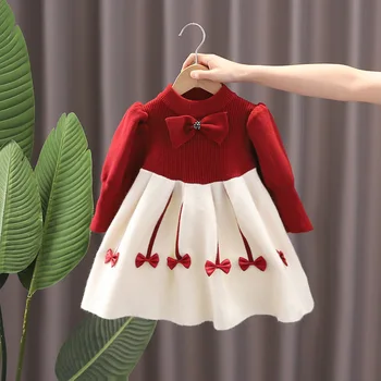 2023 Ново есенно-зимния рокля-пуловер за момичета, Контрастен силует, лък, ръкав-балон, Дизайнерска пола на Принцеса Сладък пуловер