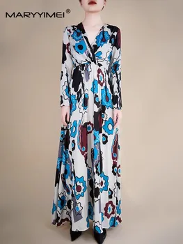 MARYYIMEI, Модерно дизайнерско пролетта женствена рокля с V-образно деколте и дълги ръкави, реколта елегантни рокли Макси с принтом