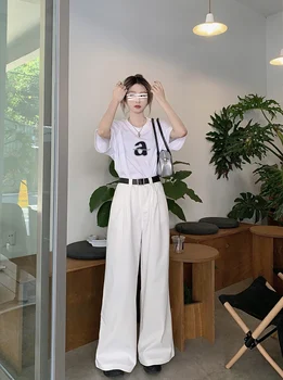 Свободни Преки Дълги бели панталони y2k, корейски дрехи, летни дамски панталони, модерни ежедневни панталони с висока талия, OL, широки панталони, широки