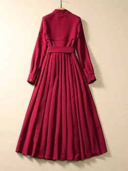 Есенни Плисирани рокли Миди с дълъг ръкав за жени 2023, Елегантен колан с отложным яка, Червено-черно празнична дреха Vestido Feista