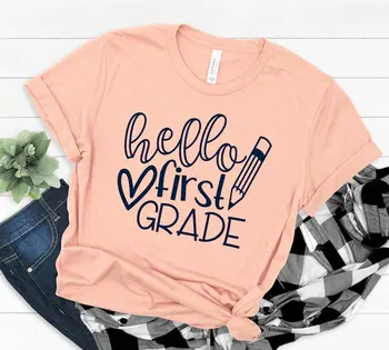 Тениска Здравей First Grade, екипът на Back to School, учител на първи клас, на първия ден в училище, ризи с къси ръкави, градинска дрехи с кръгло деколте y2k