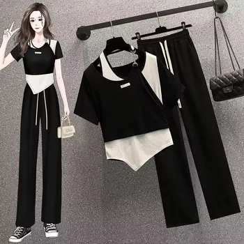 2023 Новият Годишен Женски костюм в Корейски Стил, Модна тениска на големия размер, с къси ръкави, Всекидневни спортни панталони, Комплект от две части