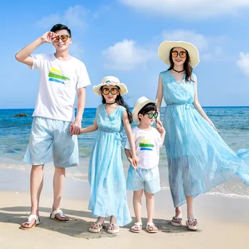 Подходяща за семейни летни плажни рокли за майки и дъщери, тениска и шорти за баща и син, семейна дрехи за почивка на море
