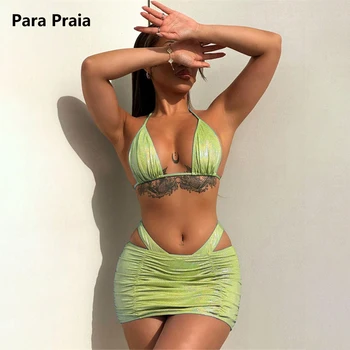 Para Praia, Комплект бикини на тройката на бретелях с пола, Дамски бански, Дамски Бразилски бански костюми, Бандажный бански с отворен гръб,
