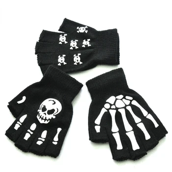 Флуоресцентни ръкавици за Хелоуин, Полупальцевые ръкавици без пръсти с череп и нокти, зимни меки топли Възли ръкавици за жени, мъжки Вело ръкавици