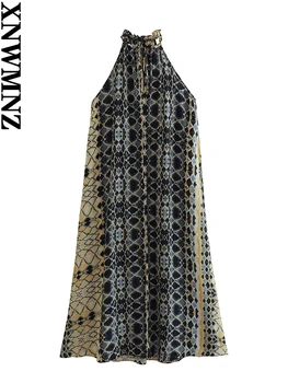 XNWMNZ/ Дамска мода 2023, Струящееся рокля на бретелях с принтом, Женствена Рокля за почивка, вратовръзка с рюшами, Без ръкави, Гъвкави дамски рокли Midi