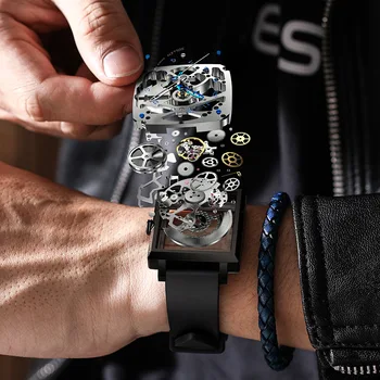 Модерен мъжки механичен часовник с квадратен циферблат и скелетоном, спортен силиконов каучук, Класически прозрачни кухи часове