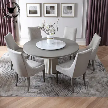Кръгла маса за хранене от масивно дърво луксозни хотели в американски стил, модерен минималистичен мрамор плеър, комбинация от масата за хранене и стол