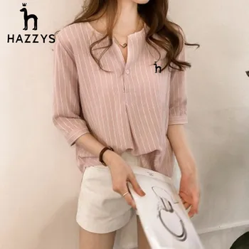 Лятна новост HAZZYS, корейската мода риза райе с голямо кръгло деколте, дамски топ с 3/4 ръкав, Без ежедневни дамски риза