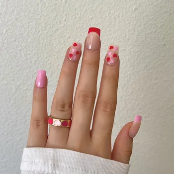 Лятото е Розово Червено Сърце на Любовта Френски Годни За Чорапи Квадратен Фалшиви Нокти Сладък с Пълно покриване на Готови Външен Art Лак за нокти Натиснете лепило за нокти за Жени