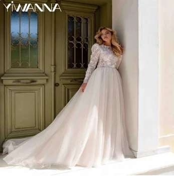 Блестяща рокля с пайети за булката, Елегантна сватбена рокля с кружевными апликации и 3D цветове, Класическа сватбена рокля с дължина до пода с дълъг ръкав