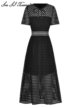 Seasixiang Модно дизайнерско лятна рокля, Секси рокля с кръгло деколте, къс ръкав, Геометрични отворени Черни реколта рокли midi