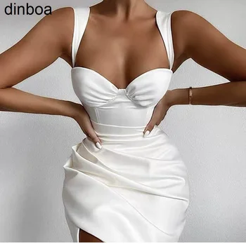 Dinboa Женски Дебнещ рокля с дължина до коляното с цепка отпред и бретельками на спагети презрамки за бала, сатенени вечерни рокли, с мирис, женски