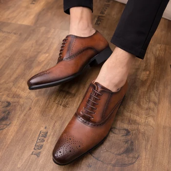 Класически мъжки обувки-oxfords от естествена кожа, офис рокля дантела с катарама, сватбени обувки-броги с остри пръсти, бизнес официалните обувки за мъже