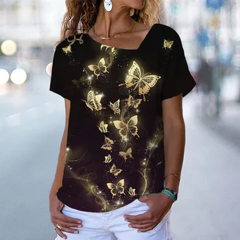 Модерен секси женска тениска с грешен V-образно деколте, летен топ с къс ръкав и 3D пеперуда, Нови ежедневни дамски улични тениски голям размер