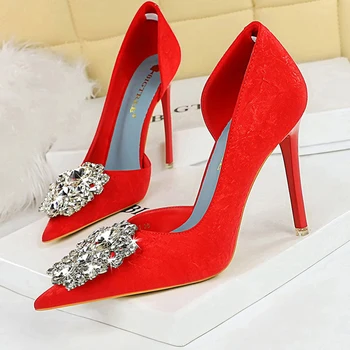 Красиви Дамски обувки-лодка на висок ток с кристали, Луксозни банкетни обувки, модни сватбени обувки, дамски обувки на висок ток с остър пръсти 2023