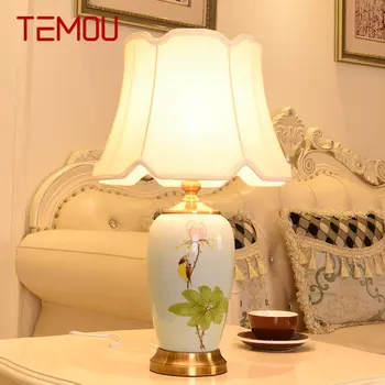 Настолна лампа от керамика TEMOU Flowers Birds LED, Модерен Прост Топло творчески малка странична лампа за дома, хол, спалня