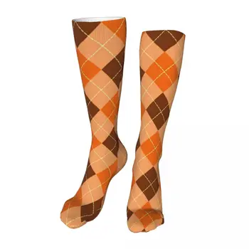 Оранжево-кафяви чорапи до глезените в клетката цвят бизон, Унисекс Чорапи до средата на прасците, Дебели меки възли на ежедневните чорапи