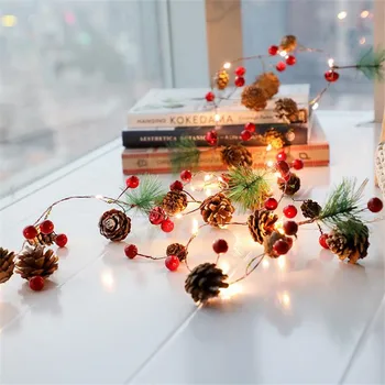 moonlux 2M 20LED Коледни Гирлянди от борови шишарки, лампа с червени плодове, Венец, приказни светлини за декор на сватбени елхи, домашни партита