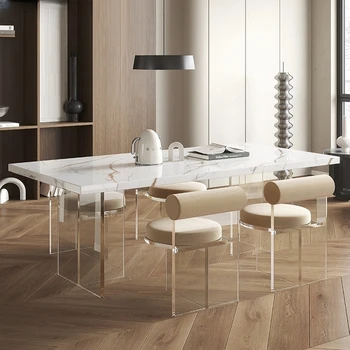 Италиански кухненски маса за хранене е от каменни плочи и комплект столове от прозрачен акрил с плаваща база, маса, столове, мебели