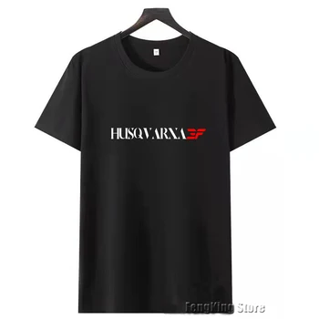 За HUSQVARXA EF Husqvarxa ef Нова Тениска от чесаного Памук С къс ръкав, Мъжка тениска с кръгло деколте и принтом лого