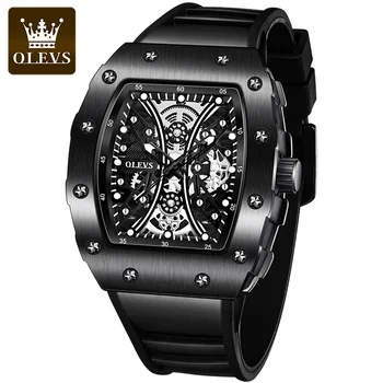 OLEVS, висок клас марка, модерни кварцови часовници Tonneau за мъже, черна каишка от каучук, дизайн на Скелета, Спортни мъжки часовници Relogio Masculino