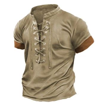 Летни Мъжки ежедневни обикновена тениска с къс ръкав 2023, модерен мъжки реколта свободни блузи с завязками дантела прозорци и яка-часова