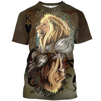 Реколта тениска Унисекс 2023, тениски с 3D принтом Лъв в стила на Покер, риза с къс ръкав За мъже, Женски улично премяна, Лятна Горната фланелка