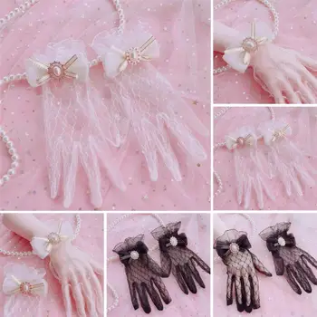 Ръкавица на китката Bowk, Дантелени сватбени ръкавици с лък от изкуствени перли, Елегантни сватбени аксесоари за бала на банкет, коктейлни партита