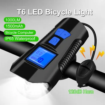 T6 Led Велосипеден фенер Отпред 1000 Лумена USB Акумулаторна лампа, фенер, Електрически Велосипеди рог, Велосипеден компютър с LCD за измерване на Скоростта, Хронометър