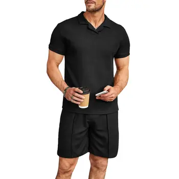 Плажни ежедневни панталони, риза с къси ръкави, с V-образно деколте, две едноцветни лацкана, случайни мъжки комплект с къси ръкави, модерен мъжки комплект