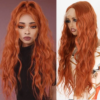 Maycaur Имбирно-оранжево Синтетични перука на дантели от топлоустойчива Влакнести косми, Дълги Къдрави Перуки за жени