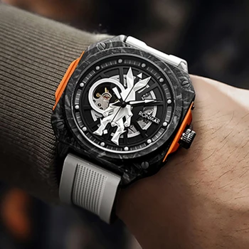 Модерни автоматични часовници Мъжки часовници с виртуален скелет Механични ръчни часовници RONMAR 44 мм Светещи Часовници с дизайн, изработени от въглеродни влакна