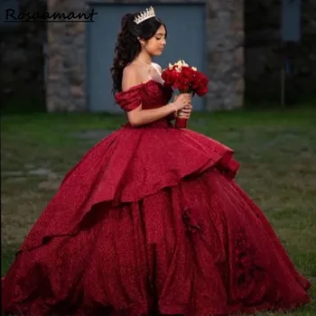 Елегантни буйни рокля с цвят на червено вино с открити рамене Sweet 16 Рокля Vestido De 15 Anos Бални рокли Sweet 15 16