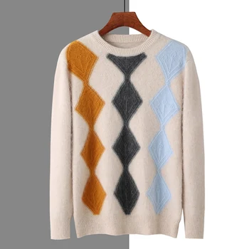 Пуловер, Нов мек вълнен плат мъжки пуловер от 100% норка, вязаный пуловер с дълъг ръкав, Есенно-зимния Случайни Универсален Обикновен мъжки пуловер, 3 цвята