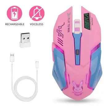 Акумулаторна Безжична мишка, Тиха мишка, Розова Светещ Компютърна игрална мишката DVA 2400 dpi за КОМПЮТРИ, лаптопи, RGB Осветление