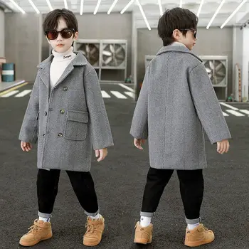 Вълна палто за момчета 2023, Есенно-зимно яке, Нова мода, отложной яка, однотонная двубортная детски връхни облекла, Тренч с Високо качество