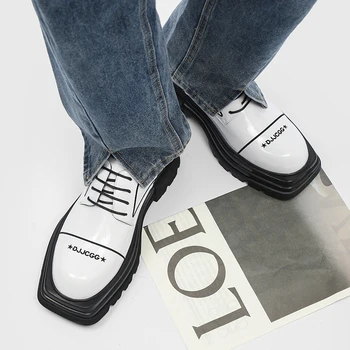 Нови Британски и корейски Огледално Универсални малки кожени обувки за мъже, бизнес ежедневни Удобни оксфордские обувки с квадратни пръсти на дебела подметка