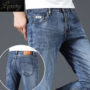 Нови Мъжки Ежедневните си джинси, Модни Синя класическа версия, обикновено Издържат Тънки Стегнати Мъжки Ластични дънкови панталони с Високо Качество