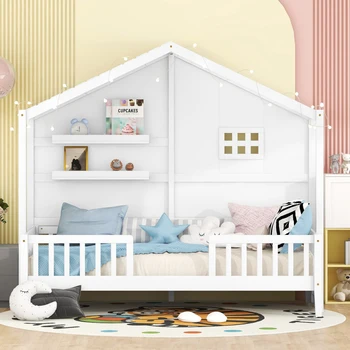 Легло-къщичка в двоен размер с рафтове, легло-къщичка с прозорци и блестяща светлинна ивица на покрива, удобна за детска спалня