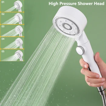 Накрайник за душ с високо налягане, 5 режима, Регулируем накрайник за душ с маркуч, Спестявайки вода, дюза за пръскане на един клавиш, Аксесоари за баня