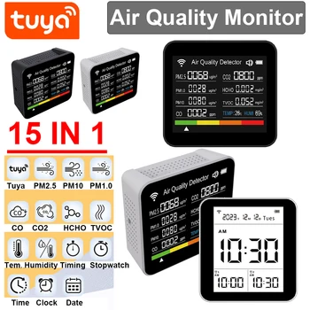 15 В 1 Hristo мониторинг на качеството на въздуха CO2 Метър Детектор за въглероден диоксид Време TVOC HCHO ФПЧ2.5 PM1.0 PM10 Тестер Температура и Влажност на въздуха