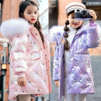 2023 Нова зимна топло яке за момичета от 4 до 12 години, Модерно лъскава козина, с капак и надпис 