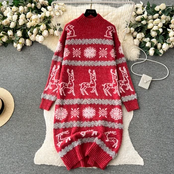 Коледна рокля-пуловер за жени, Висококачествено гъст топло есенно-зимния Прозрачна трикотажное рокля-пуловер