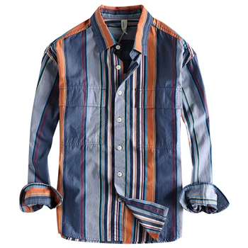 Корейската мода риза на райета в контрастен цвят за мъжете, младежка мъжка риза с дълъг ръкав, боядисана плажно облекло, горни ризи