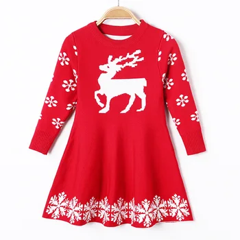Рокля за малки момичета, Детски есенно-зимния вязаное рокля-пуловер с дълги ръкави, топли коледно облекло за деца с анимационни принтом Елен