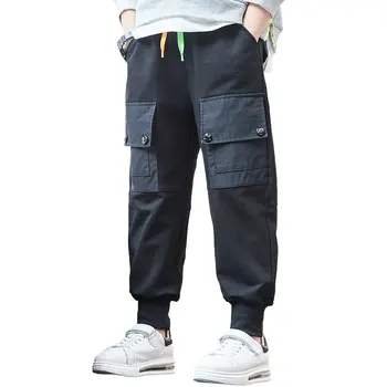 Панталони За момчета от 4 до 14 години с джобове в Корейски стил, Модерен Пролетно-есенни Памучни Спортни панталони-карго, Детски Панталони за Почивка